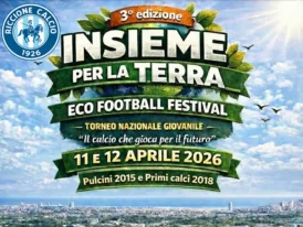 Composizione grafica con scritta '3° edizione' insieme per la terra eco football festival, 11 e 12 aprile 2026, sotto un immagine floreale di piante verdi